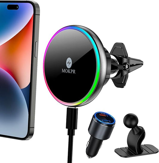 for Magsafe Car Mount Charger 15W LED RGB Car Phone Holder for Dash Vent | HandsFree Magnetic Wireless Car Charger Car Mount Fast Car Charger for iPhone 17 16 15/14/13/12 Series Graphite Black by MOKPR