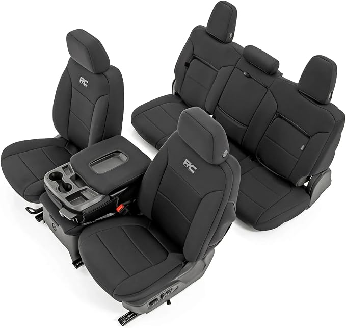 Rough Country Neoprene Seat Covers for Chevy Silverado & GMC Sierra 1500 (2019-2026) w/Rear Seat Storage & Cup Holder - Waterproof & UV Resistant, Foam Padded, Front & Rear Row Cover Set by RoughCountry
