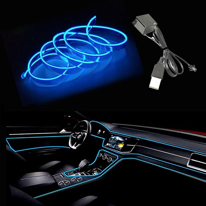 El Wire Blue Interior Car LED Strip Lights, 5M Neon Wire USB 5V with Fuse Protection for Automotive Interior Decoration, with 6mm Sewing Edge by Maxlaxer