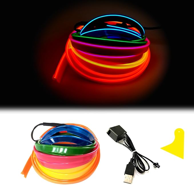 El Wire Mutilcolor Interior Car LED Strip Lights,3M Neon Wire USB 5V with Fuse Protection for Automotive Interior Decoration, with 6mm Sewing Edge by Maxlaxer