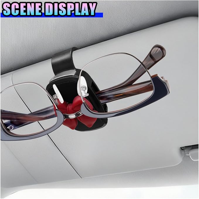 2PCS Cute Bow Glasses Holders for Car Sun Visor, Automotive Leather Sunglasses & Ticket Card Organizing Clip, Universal Vehicle Interior Eyeglasses Mount for Cars, Trucks, SUVs (Red) - Image 3