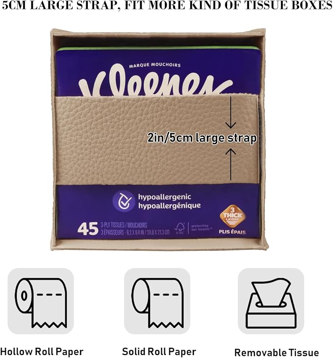 Tissue Box Cover Holder Square Tissue Cube Cover PU Leather Tissue Organizer with Bottom Belt for Bathroom, Tabletop, Car, Night Stands, Office, Home, Kitchen (2, SoftBeige) - Image 3
