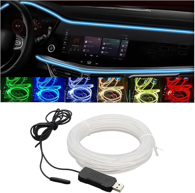 16FT EL Wire Interior Car LED Strip Lights, USB Neon Vehicle Ambient Lighting with Fiber Optic, Sound Music Active Automotive Inside Decorations Lamp Strip, Universal Fit by Unknown