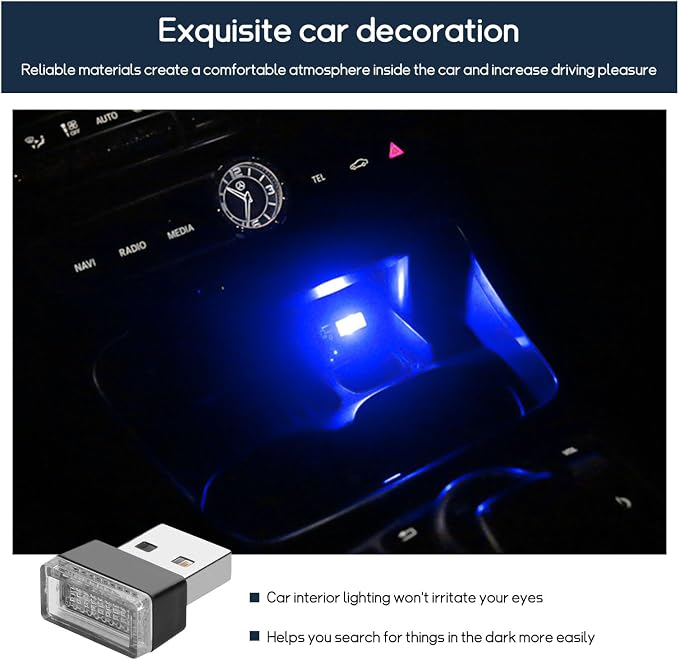Dickno 4 PCS USB LED Car Interior Atmosphere Lamp, Portable Mini LED Night Light, Plug-in USB Interface Trunk Ambient Lighting Kit, Universal Vehicle Interior Accessories (Blue) - Image 4