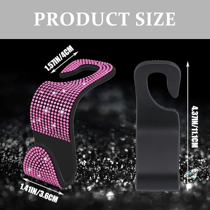 4PCS Bling Car Seat Headrest Hooks, Purse Holder for Car, Vehicle Back Seat Purse Handbag Hanging Holder with Crystal Rhinestone, Diamond Car Rear Seat Organizer for Vehicles (Pink/Black) - Image 2