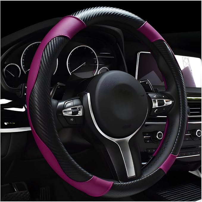 DXNQ Car Steering Wheel Cover, 15 Inch Carbon Fiber Leather Stitching Color Steering Wheel Protector, Anti-Slip Elastic Breathable Steering Wheel Cover Stylish Decor for Most Cars (Black&Purple) by DXNQ