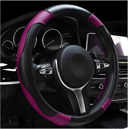 DXNQ Car Steering Wheel Cover, 15 Inch Carbon Fiber Leather Stitching Color Steering Wheel Protector, Anti-Slip Elastic Breathable Steering Wheel Cover Stylish Decor for Most Cars (Black&Purple) by DXNQ