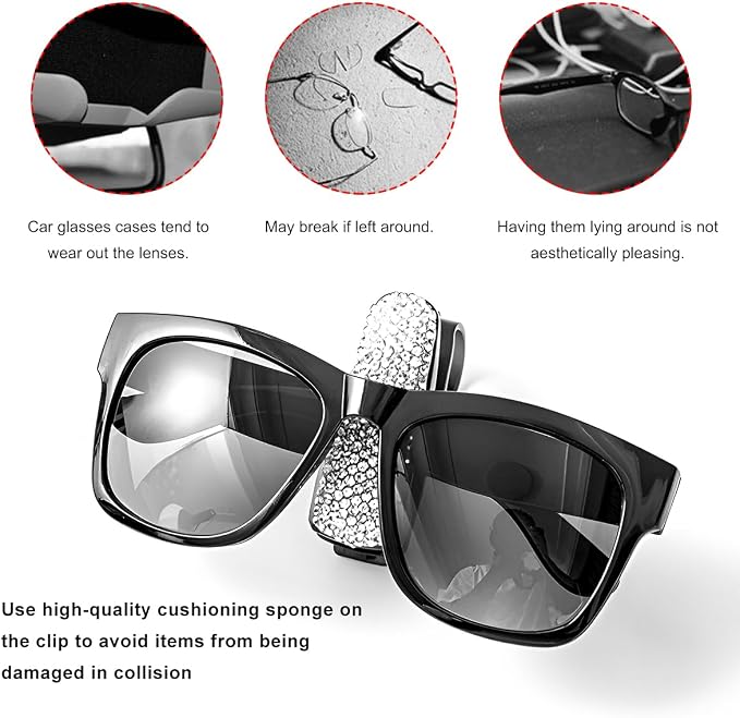 2 PCS Glasses Holders for Car Sun Visor, Bling Crystal Rhinestones Car Sunglasses Holder with Ticket Card Clip, Eyeglasses Hanger Mount for Women Girls, Car Interior Accessories (White) - Image 5