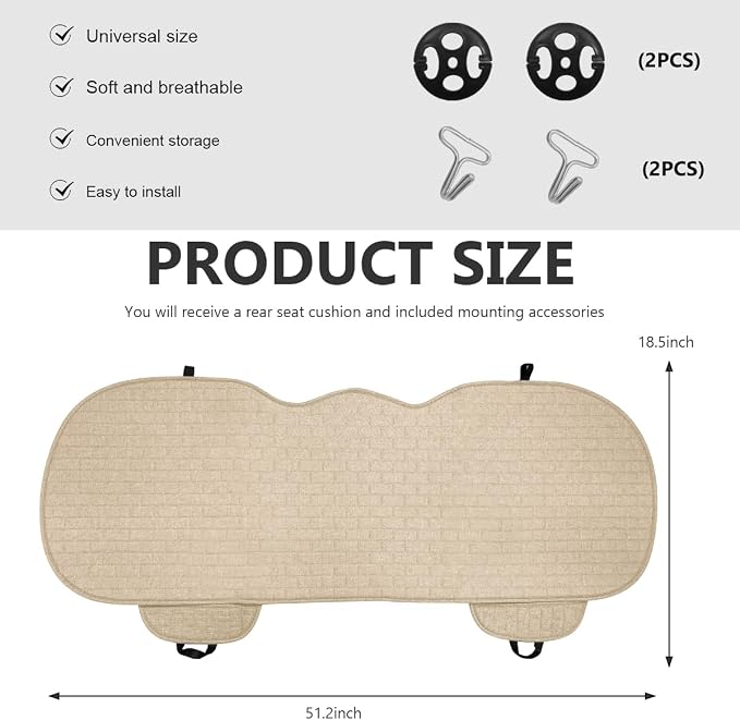 Car Seat Cover for Rear Seats, Comfortable Linen Seats Cushion Pad Mat with Storage Pockets, Anti-Slip Breathable Bottom Long Rear Seat Cover Protector for SUV Truck Van (Beige) - Image 2