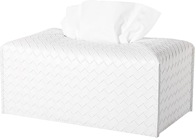 Tissue Box Cover Short Rectangle Leather Facial Paper Holder, White | PU Leather，Easy to Fill, Easy Clean, Decorative Cube Tissue Box Holder for Office, Bathroom,Kitchen, Living room, Guest room by zoocatia