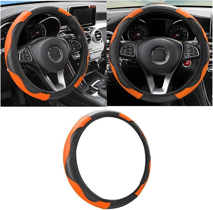 Osilly 15 Inch Carbon Fiber PU Leather Steering Wheel Cover, Black/Orange | full-wrap protective surface, flexible ringless design, hand-stretch setup, fits matching rim sizes, automotive accessories by Osilly
