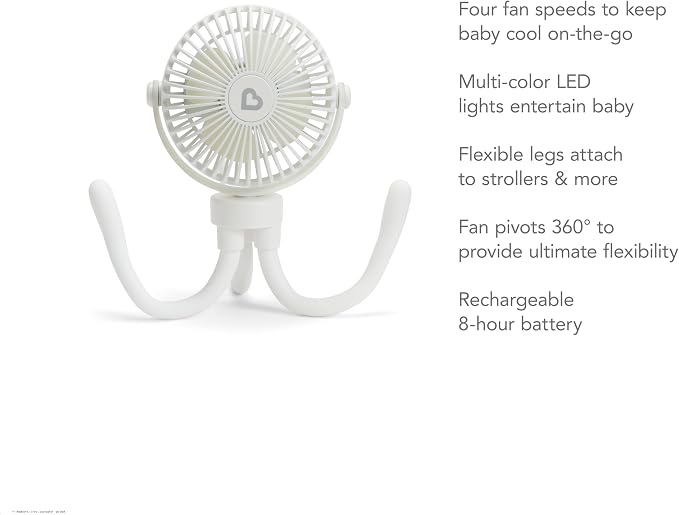 Munchkin Stroller Fan - Portable Fan for Travel, Baby Gear Accessory with 4 Speeds, Flexible Clip-on Leg Attachment, Rechargeable Battery, White with Multicolored LED Lights - Image 5