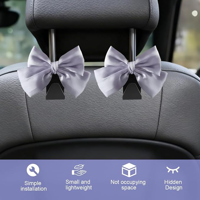 2PCS Car Seat Headrest Hook, Cute Bow Stylish Seat Back Purse Handbag Hanger Organizer, Multi-Purpose Auto Backseat Storage Hook Holder for Umbrella Coat Bag, Universal Fit (Purple) - Image 6