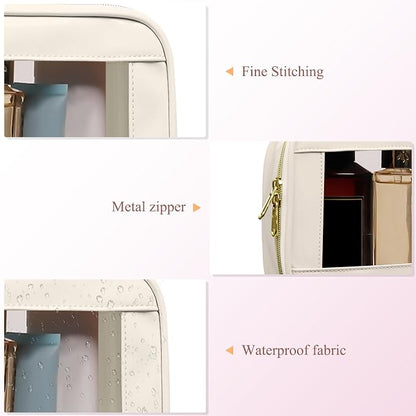3-Piece Travel Clear Makeup Bag Set, Small Cosmetic Bag with Makeup Brush Case, Leather Waterproof TSA Approved Toiletry Bag with Zipper, Car Organization for Women (Beige-2, Mini+Slim+Medium) - Image 3
