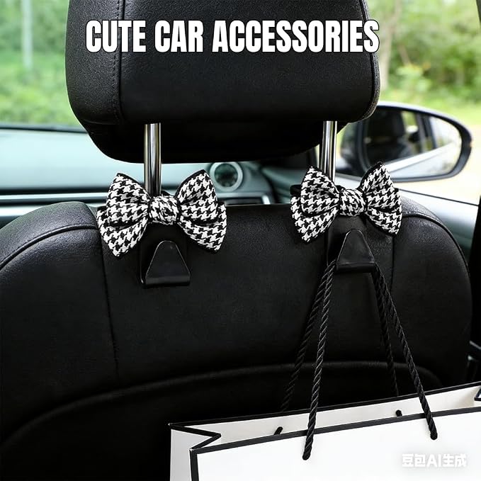2PCS Car Seat Headrest Hooks, Car Purse Hook, Cute Bow Knot Vehicle Seatback Hanging Storage Organizer, Auto Seatback Decor Organizer Hanger for SUV Truck (Small Houndstooth/Black) - Image 3