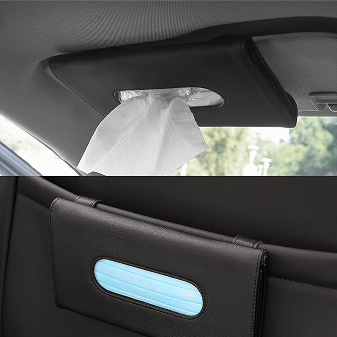 Car Tissue Holder, 2 Pack Sun Visor Napkin Holder, Premium PU Leather, Car Mask Holder for Sun Visor Vehicle, with Tissue Refill, Black&Beige - Image 3