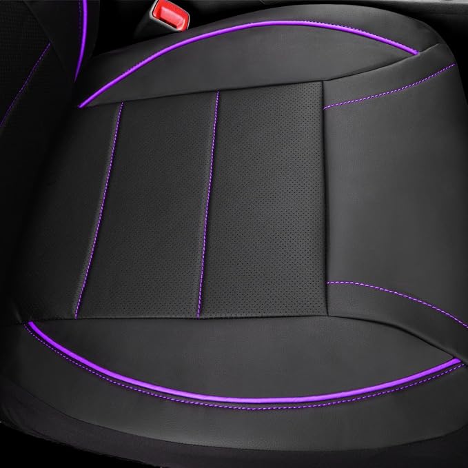 CAR PASS Universal FIT Piping Leather Two Front Seat Covers, Waterproof Faux Leather for SUV Sedan Van Truck, Airbag Compatible,Reserved Opening Holes for Headrest Covers(Black and Purple) - Image 7