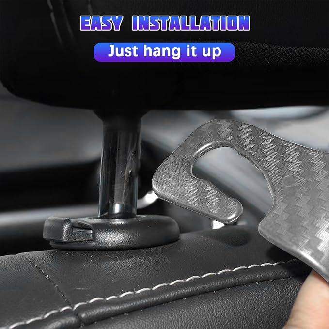 4 Pack 4.13 Inch Carbon Fiber Car Seat Headrest Hooks, Gray | plastic body, supports up to 55 lb, tool-free post fit, rotates beneath headrest when idle, interior storage accessory - Image 3
