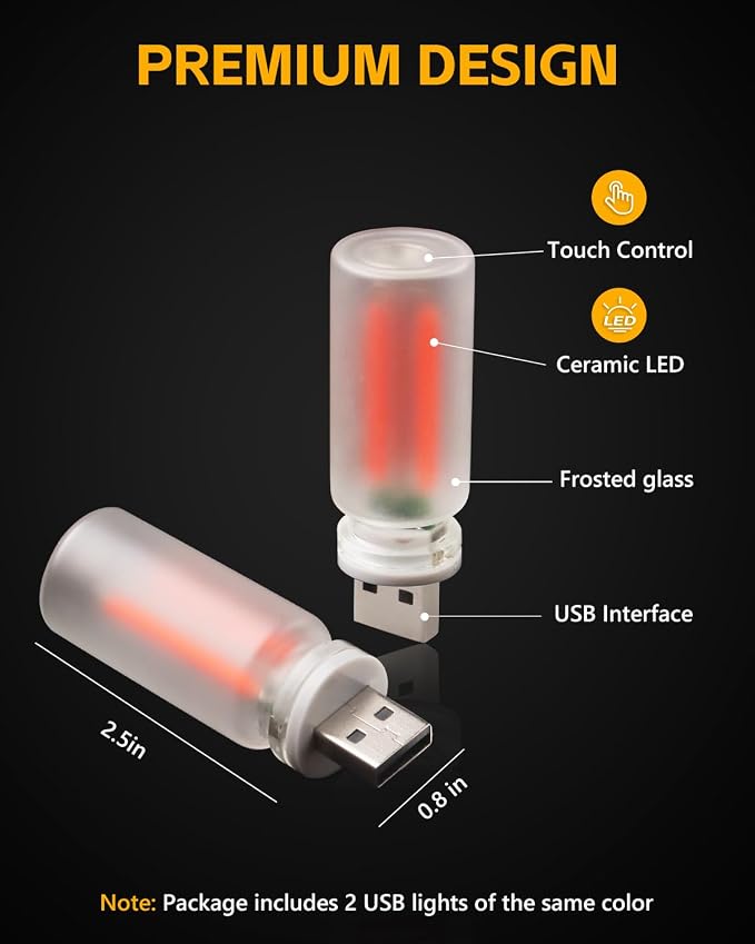 2PCS USB Car Lights, Touch Adjustment Lights, Plug in USB Vehicle Interior Ambient Light, Mini LED Retro Bulb Frosted Glass Night Light for Car, Camping, Holiday Decoration, Party, Bedroom (Red) - Image 5