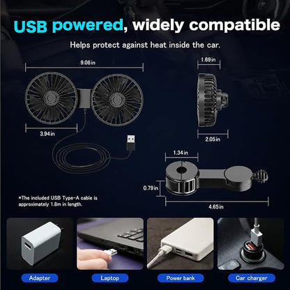 Car fan, portable USB powered dual head car cooling fan with 3-speed air speed and 360 ° rotation, car fan with adjustable clip, suitable for sedans, SUVs, RV trucks (black) - Image 6