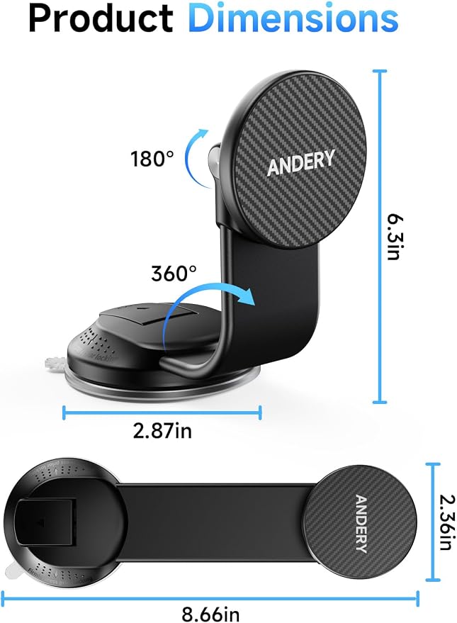 ANDERY Only for iPhone Magsafe Car Mount [360° Adjustable Memory Alloy Arm] | 2400gf Strong Magnetic Power, Bendable Phone Holders for Your Car, Car Phone Holder with Dashboard Pad, for iPhone 17-12 - Image 7