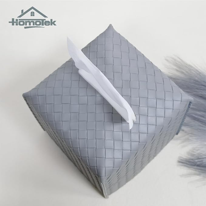HOMOTEK 2 Pack Tissue Box Cover,PU Leather Tissue Holder,Square Decorative Facial Tissue Cube Paper Organizer Dispenser for Bathroom, Night Stands, Desk, Car 5X5X5'' - Woven Waffle,Light Gray - Image 2