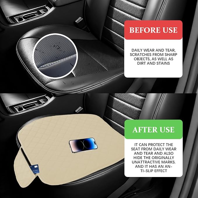 Leather Front Car Seat Cover, Anti-Slip Car Seat Bottom Covers, Full Wrapped Bottom Seat Protectors with Storage Pocket, Universal Comfortable Seat Cushion Fit Vehicles SUVs Trucks (K2-Beige) - Image 6