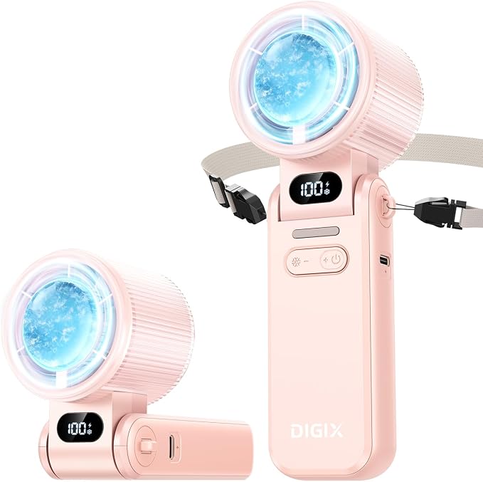 DIGIX Portable Handheld Turbo Fan with Ice Cooling, Rechargeable Personal Fan, Up to 15Hrs Cooling, 100 Speeds 25000RPM Powerful Portable Fan for Travel Outdoor,120° Adjustable, LED Display (Pink) by CoolBreezeStylishEase