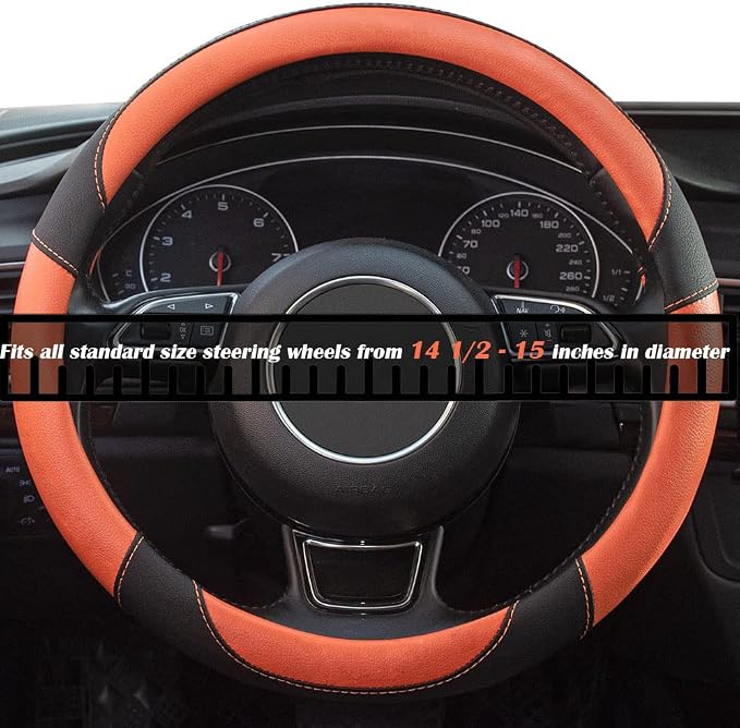 Steering Wheel Covers Black Universal Microfiber Leather, Suitable for 14 1/2-15 inch Car Steering Wheel Cover, Breathable, Anti Slip- Orange - Image 4