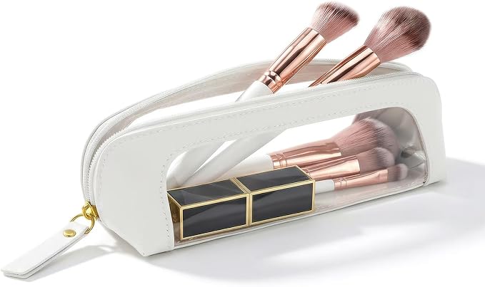 Cute Pencil Case Small,Clear Travel Makeup Brush Holder,Waterproof PU Leather Cosmetic Brush Pouch with Zipper,Portable Makeup Brush Organizer Case for Women Girls Daily Use (Chic White) by LETGO