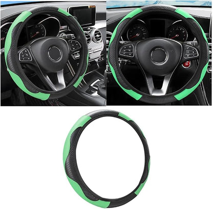 Osilly 15 Inch Carbon Fiber PU Leather Steering Wheel Cover, Green | full-wrap protective surface, flexible ringless design, hand-stretch setup, fits matching rim sizes, automotive accessories by Osilly