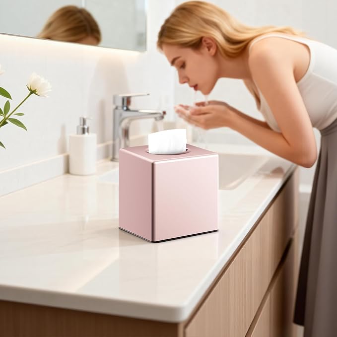 Y-in Hand Square Tissue Box Cover, Cube Facial Tissue Box Holder, Pink | Modern Home Accessory with Removable Bottom for Easy Refills. Designed for Bathroom Vanity, Dressers, Nightstands and Office. - Image 2