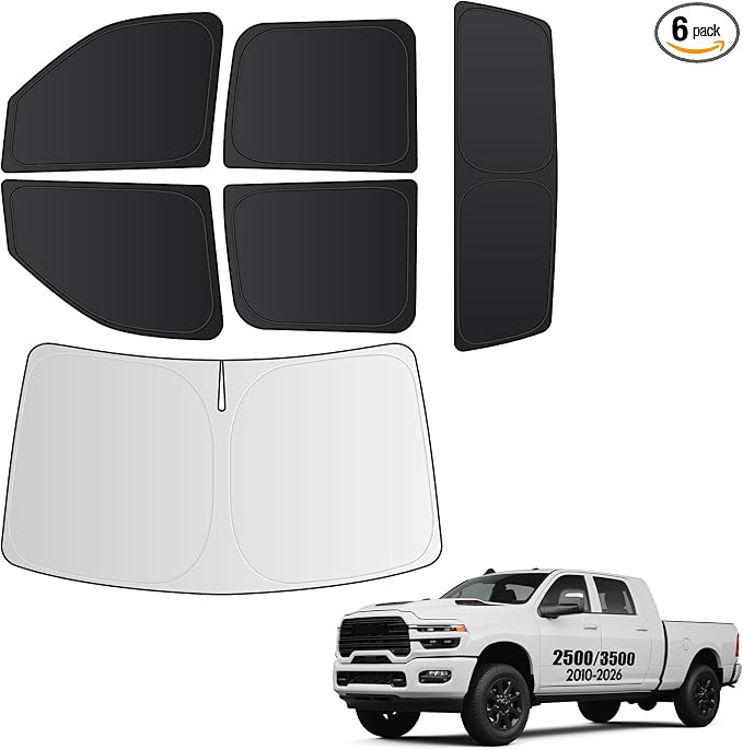 Wigoo 2026 6PC Full Set Window Sunshade for Dodge Ram 2500 3500 2010-2026 | 7-Layer Cooler & Blacker, Ice-Crystal Tech, Full Set Shades With Windshield for Sun Block, Camping Accessories by wigoo
