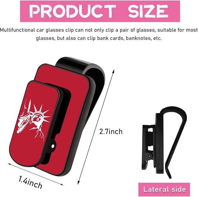 Ohleats Sunglasses Holder for Car Sun Visor, Statue of Liberty Metal Auto Eyeglass Hanger Clip, Multi-Function Ticket Card Clip Eyeglasses Mount, Car Accessories for Men Women (Red) - Image 2
