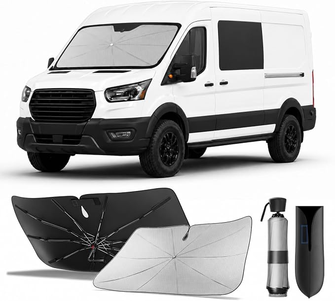 Zanch Windshield Sun Shade Umbrella for Ford Transit 150/250/350 2015-2026 | [99% UV Protection, Up to 75℉ Cooler] Reflective Heat Shield, Custom Fit, Built to Last, Foldable Front Sunshade Umbrella by Zanch