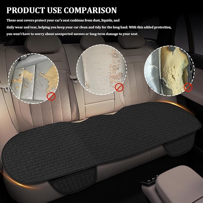 Linen Car Back Seat Cover, Car Seat Bottom Covers Protectors, Anti-Slip Automotive Long Rear Seat Protectors with Storage Pocket, Seats Back Protector for Most Vehicles (Rear Seat/Black) - Image 5