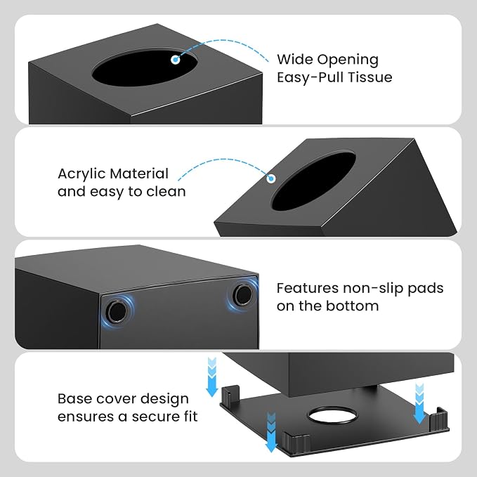 2 Pack Tissue Box Cover, Square Acrylic Tissue Holder Non-Slip Base, Black | modern,non-slip,easy to refill,compatibility for tissue & rollsfor bathroom countertops,dressers,night stand,parlors,office - Image 6