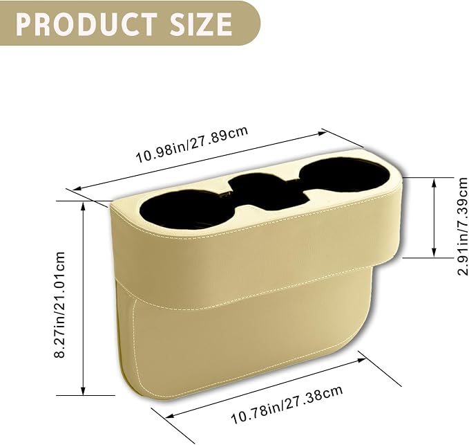 Car Cup Holder, PU Leather Auto Front Seat Organizer, Multifunctional Cup Drink Holders, Gap Filler Storage Box Coin Bucket Console Side Pocket Cell Mobile Phone Holder (Beige) - Image 3