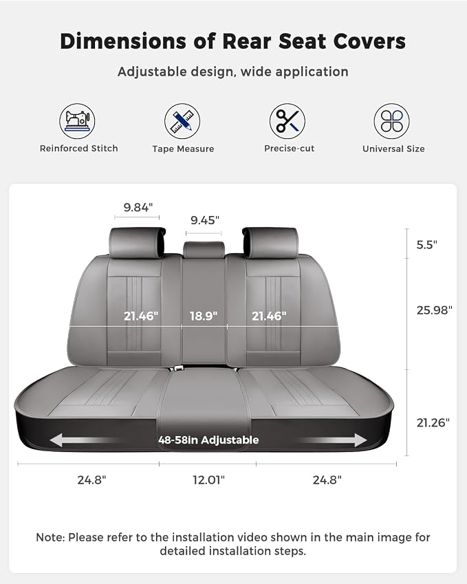 Huidasource Gray Rear Seat Cover, Luxury Faux Leather Back Seat Car Cover, Velcro Adjustable, Compatible with Child Seat, Perforation Cooling＆Heating, Universal Fit for Most Cars Vans Trucks SUVs Gray - Image 2