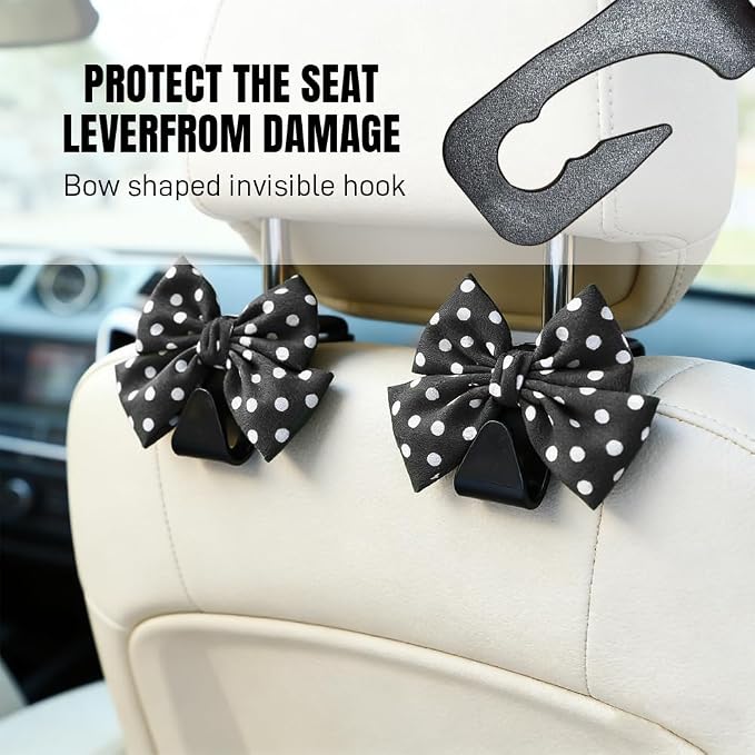 2PCS Car Seat Headrest Hooks, Car Purse Hook, Cute Bow Knot Vehicle Seatback Hanging Storage Organizer, Auto Seatback Decor Organizer Hanger for SUV Truck (Black/Polka Dot) - Image 5