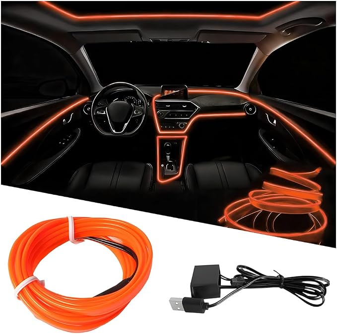 EL Wire Car LED Strip Lights, 10FT 5V USB Vehicle Ambient Lighting Kit with Fuse Protection, Automotive Interior Neon Decoration Lamp with 5mm Sewing Edge, Universal Fit (Orange) by Ywdiml