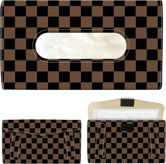 Car Tissue Holder, Cute Sun Visor Napkin Holder Backseat Tissue Case, PU Leather Tissue Box, Funny Car Accessories for Women Men Black Brown Cute Plaid by Unknown