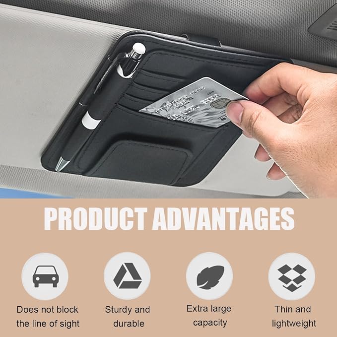 Augeny 2 PCS Car Sun Visor Organizer, Small Auto Visor Organizer and Storage, Registration and Document Holder for Sunglasses, Card, Pen, Driver License, Car Accessories (Black) - Image 4
