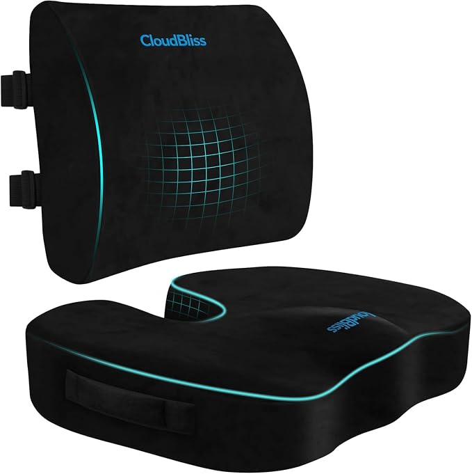 CloudBliss Ergonomic Seat Cushion & Lumbar Support Pillow Set, Black,Large | Back Pain & Sciatica Relief, Memory Foam Support, Adjustable Straps, Machine Washable Velvet, Perfect for Office, Car, Gaming by CloudBliss