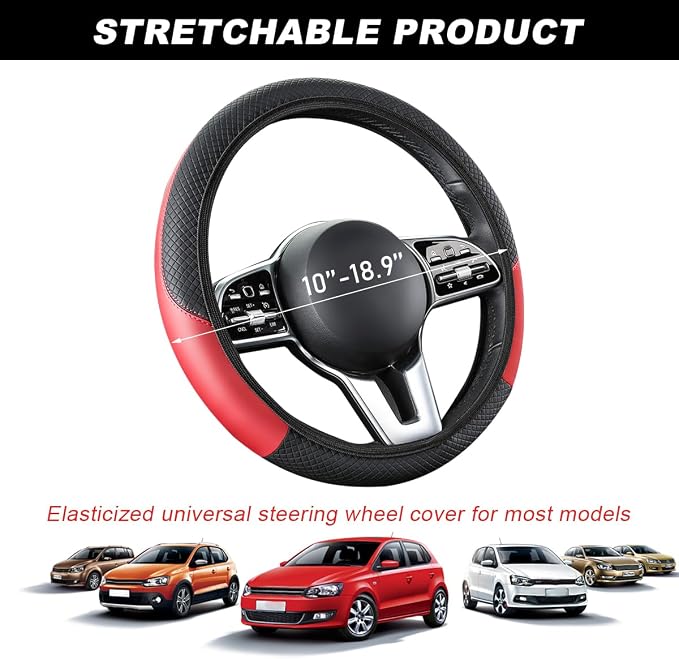 DXNQ Car Steering Wheel Cover, 15 Inch Carbon Fiber Leather Stitching Color Steering Wheel Protector, Anti-Slip Elastic Breathable Steering Wheel Cover Stylish Decor for Most Cars (Black&Red, AD) - Image 2