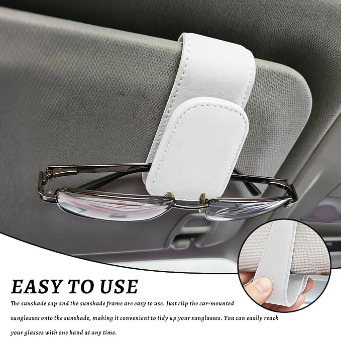 Sunglass Holder for Car, Car Sunglass Holder, Magnetic Leather Sunglasses Holder and Ticket Card Clip, Auto Multi-Functional Sun Visor Eyeglass Holders for SUV Pickup Truck (White) - Image 6