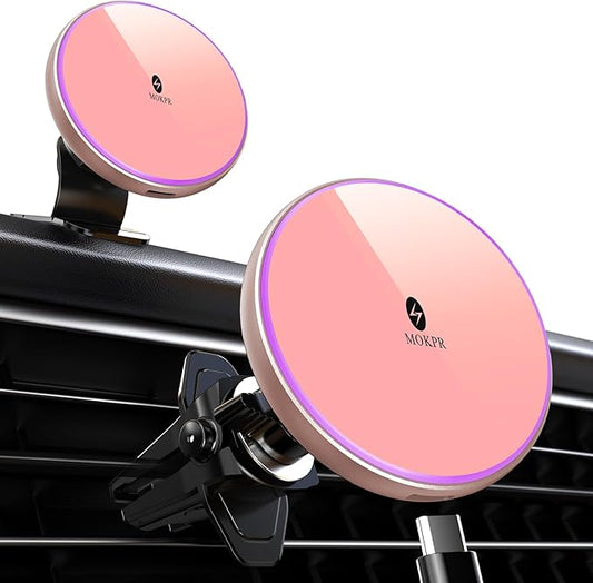 for Magsafe Car Mount Charger 15W LED RGB Car Phone Holder for Dash Vent | HandsFree Magnetic Wireless Car Charger Car Mount Fast Car Charger for iPhone 17 16 15/14/13/12 Series Pink by MOKPR