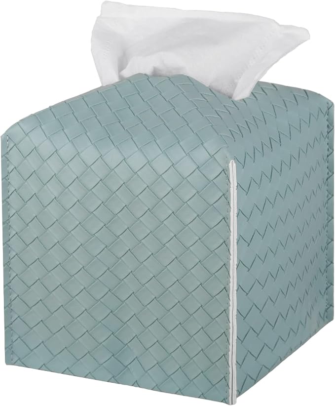 Tissue Box Cover Square Leather Facial Paper Holder, PowderBlue | PU Leather，Easy to Fill, Easy Clean, Decorative Cube Tissue Box Holder for Office, Bathroom,Kitchen, Living room, Guest room by zoocatia