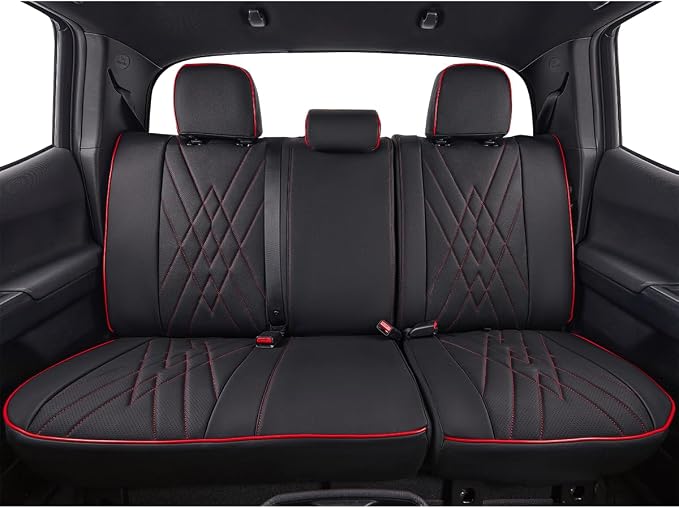 EKR Custom Fit Tacoma Rear Car Seat Covers for Toyota Tacoma (Petrol) 2024 2025 2026 Double cab SR/SR5/TRD Sport/TRD Off-Road/Limited - Second Row Only,Faux Leather(Black with Red Trim) - Image 2