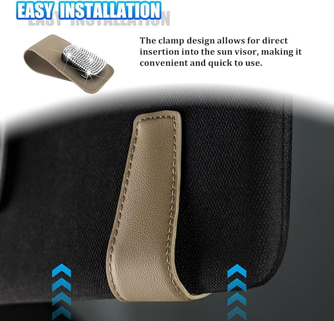Bling Car Sun Visor Sunglasses Holder, Crystal Rhinestone Leather Visor Eyeglasses Ticket Card Mounter Clip, Shiny Diamond Auto Glasses Hanger Holder, Universal Fit (Beige/White) - Image 5